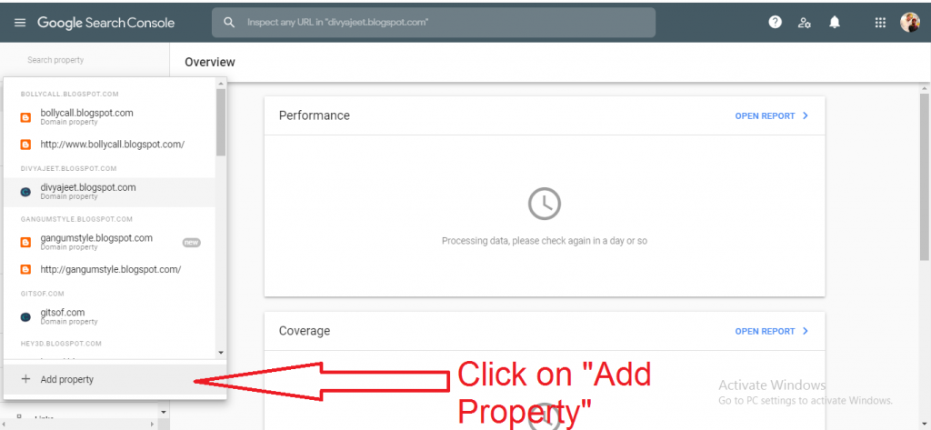 google search console add property for blogger